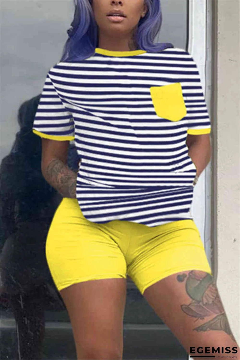 Yellow Fashion Casual Striped Print T-shirt Shorts Set | EGEMISS