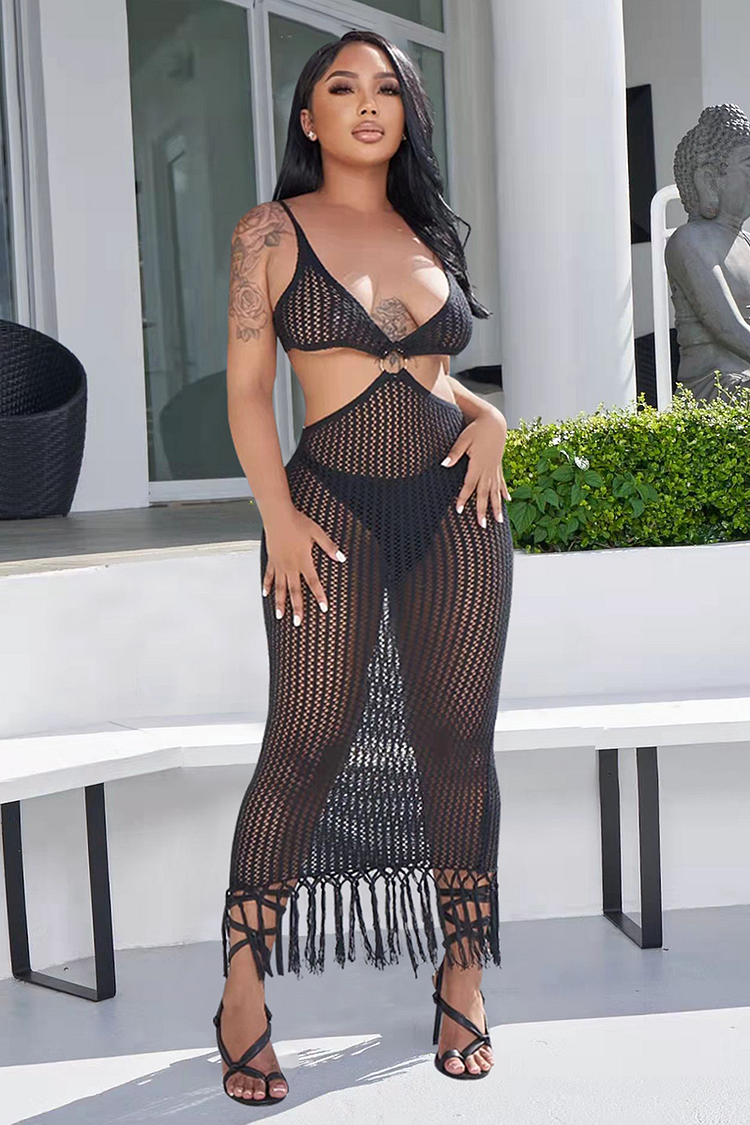 Knit Deep V Neck Cutout Bodycon Fringed Cover Ups Slip Maxi Dresses-Black