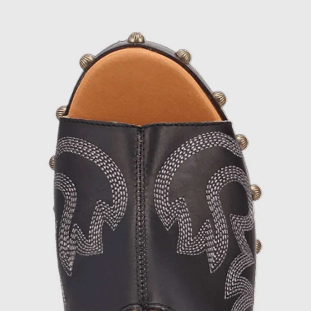 Black Peep Toe Chunky Heel Studded Embroidered Platform Mules Shoes