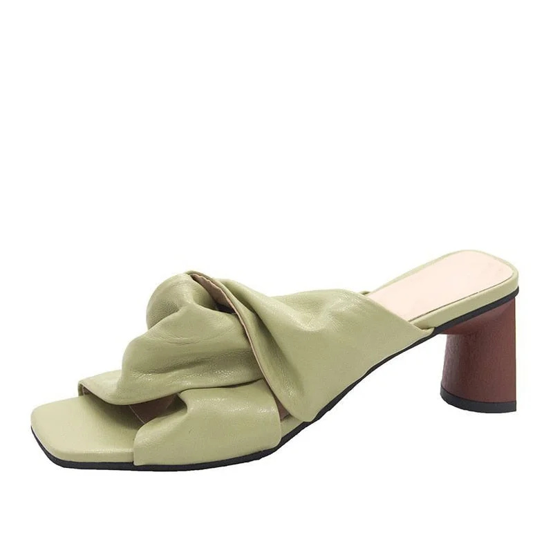 Women Slippers High Heels Chain PU Square Toe Fashion Woman Pumps Summer Sandals Outdoor Comfort Ladies Footwear New 2021