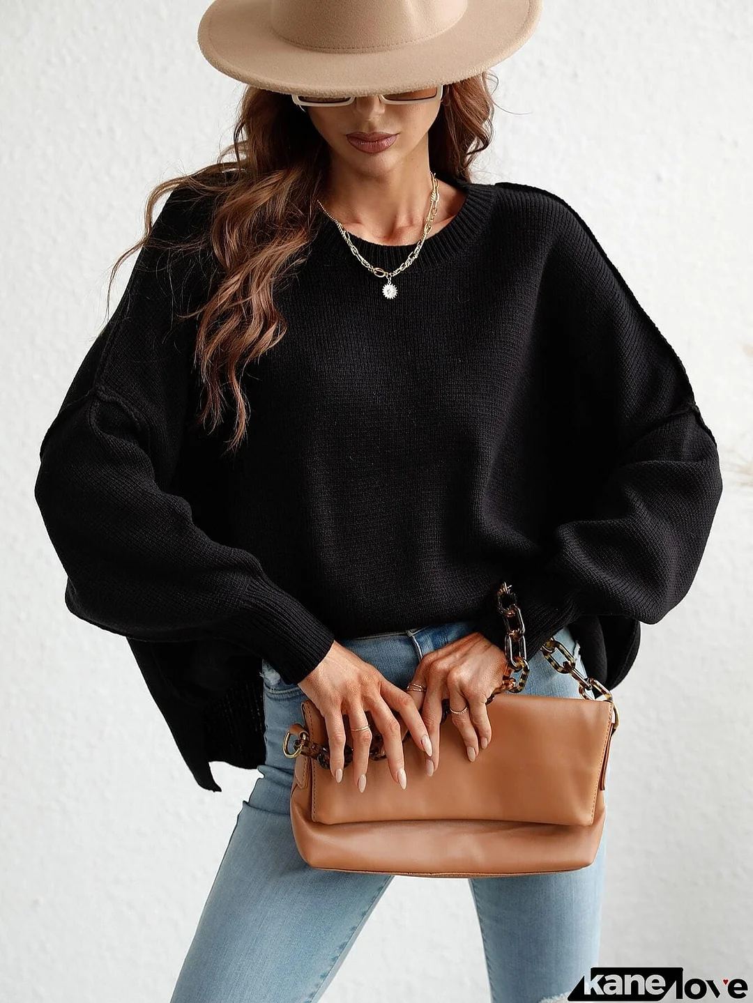 Exposed Seam Dropped Shoulder Slit Sweater