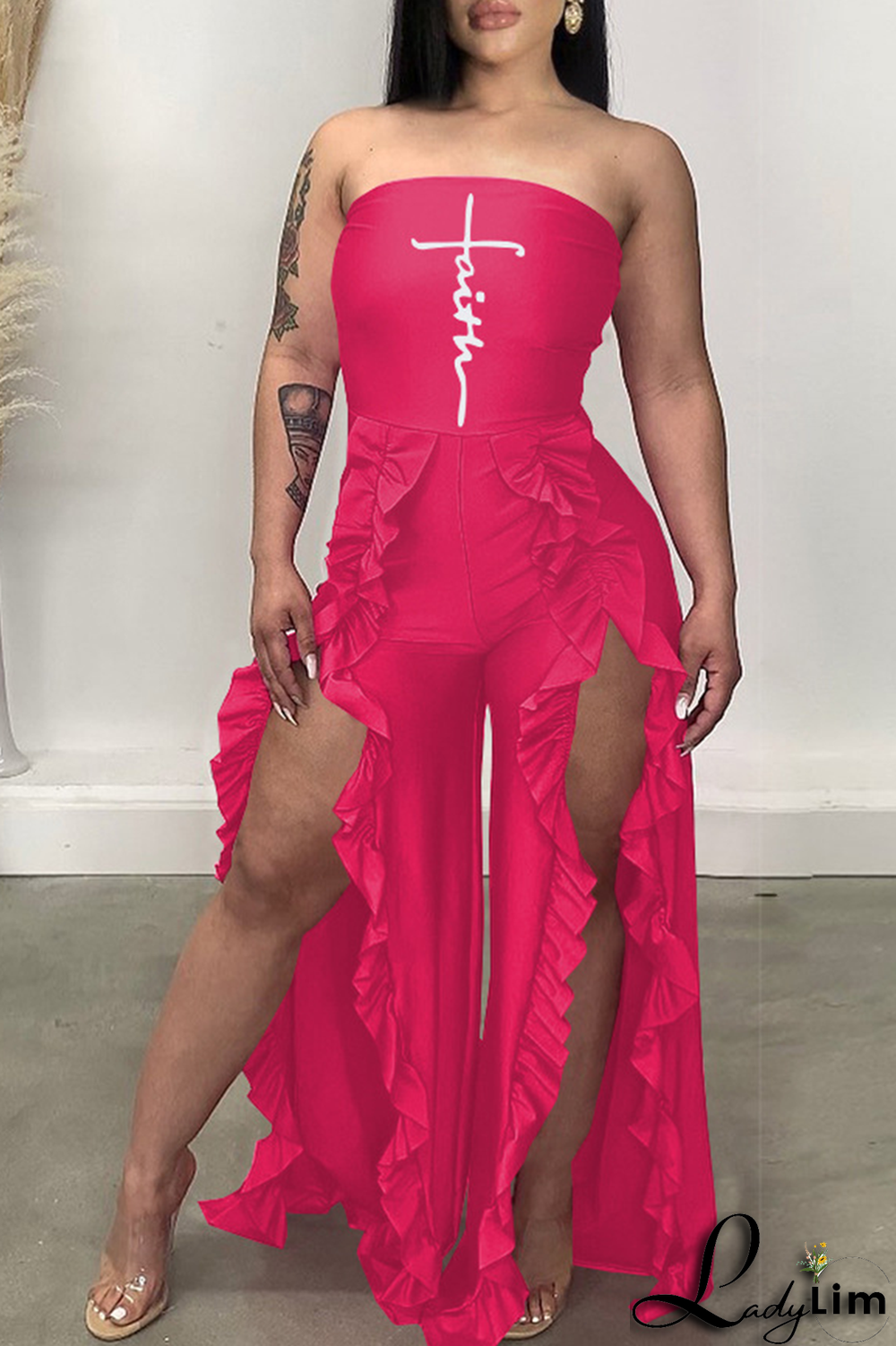 Tangerine Red Sexy Print Flounce Strapless Boot Cut Jumpsuits