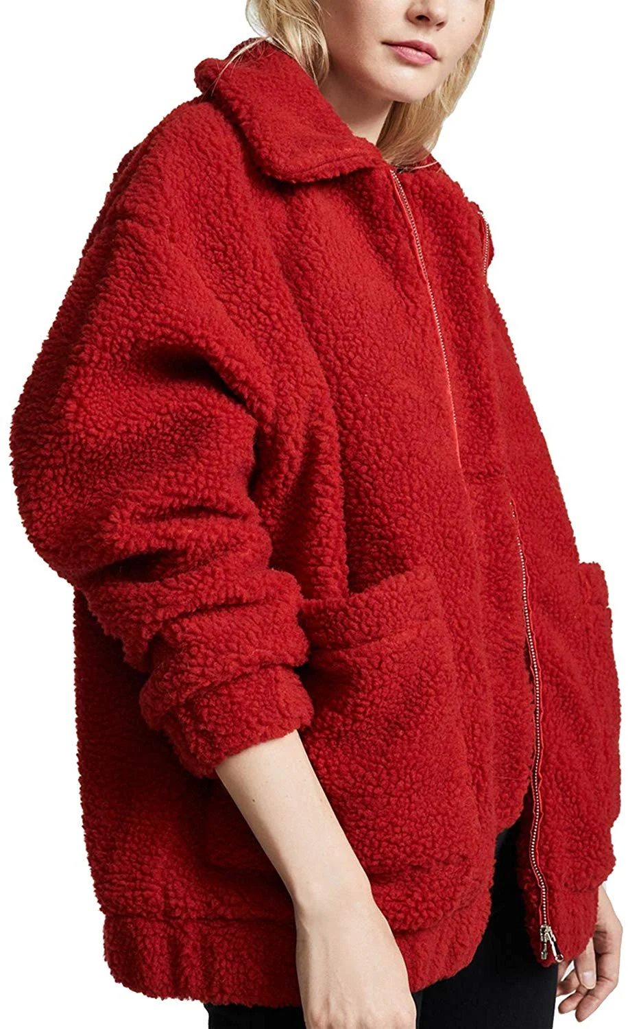Women Coats Faux Wool Blend Warm Winter Jacket Zip Up Long Sleeve Oversized Fashion Outerwear