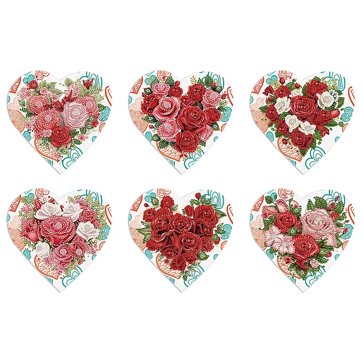 6 Pcs Christmas Heart Rose Special Shape Diamond Painting Greeting Card Kit