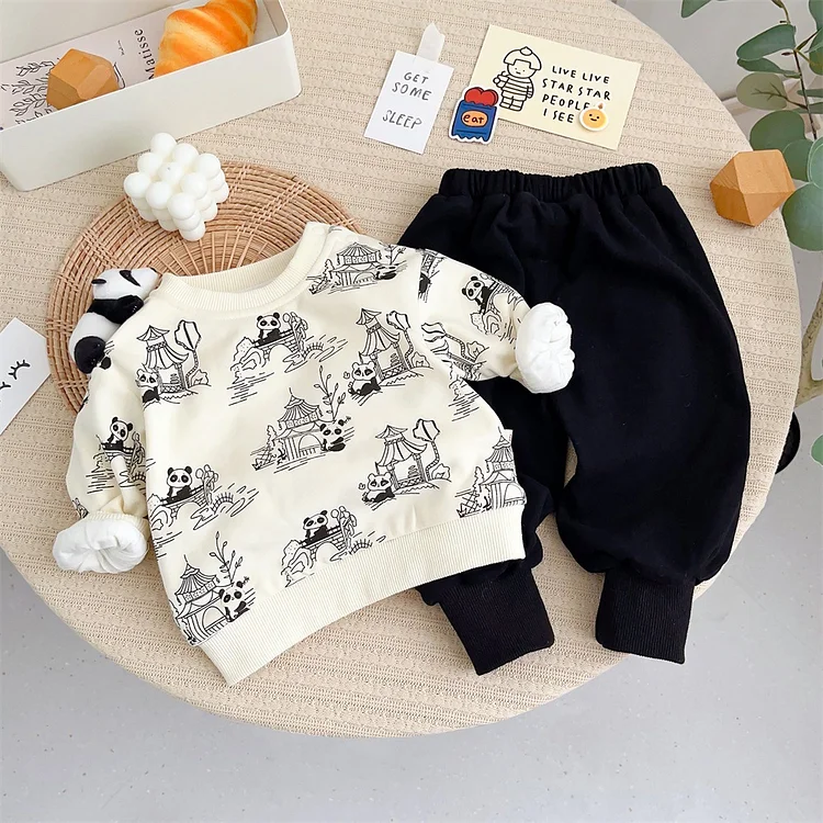 Baby Boy/Girl Panda Doll and Print Long Sleeve Sweatshirt with Pants Set