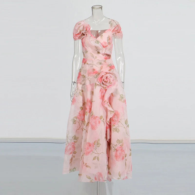 Zingj Famous Wind V-Neck Dress Dress 2025 Summer New Temperament Print Three-Dimensional Decoration Design Long Dress Dress Woman