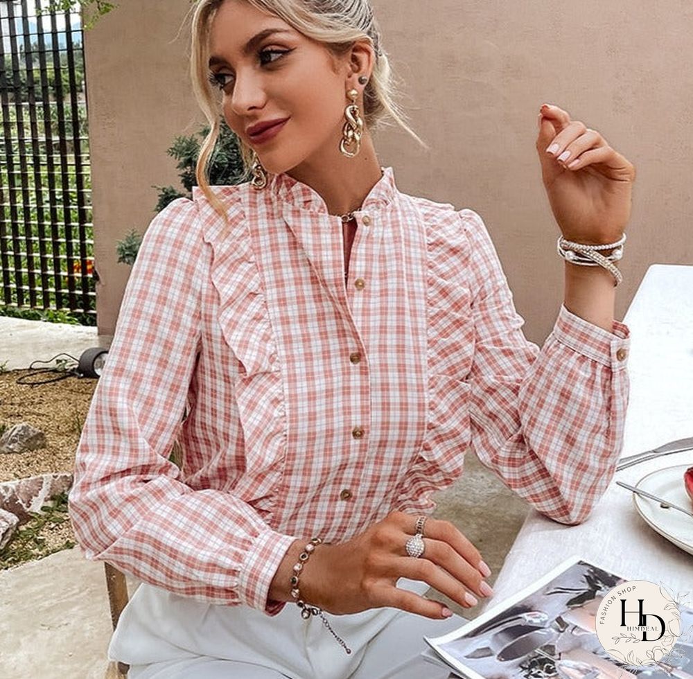 Holiday plaid summer blouse shirt light pink Idyllic style ruffle female shirts Stand collar long sleeve women's tops
