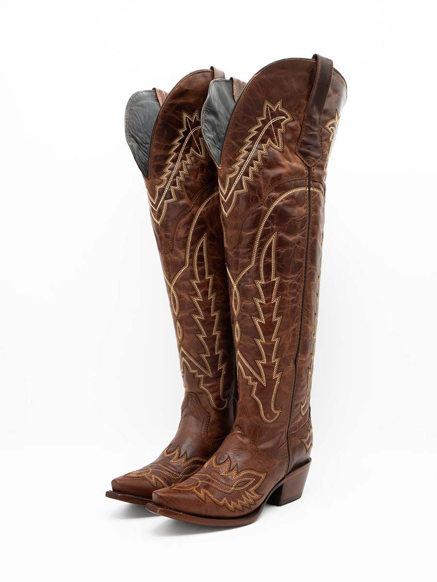 Brown Distressed Embroidered Wide Calf Block Heel Thigh Cowgirl Boots