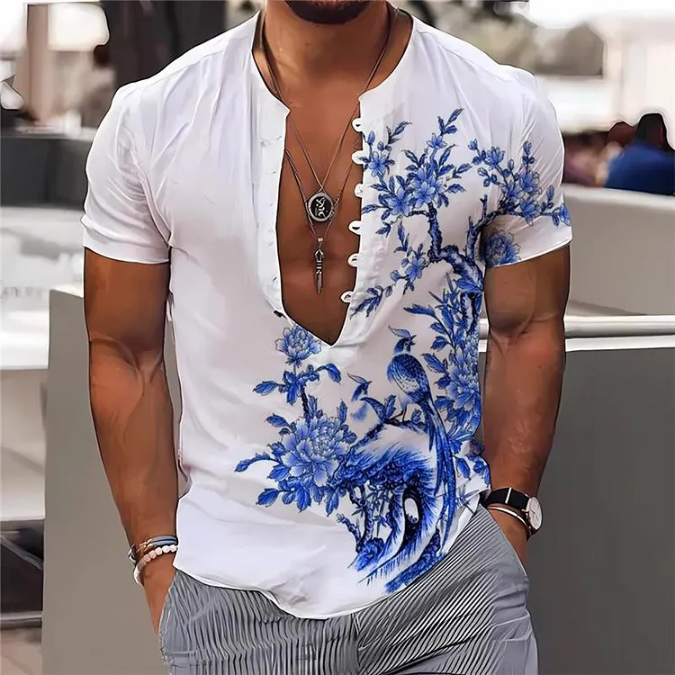 Men's Flower Printed Henley Collar Short Sleeve Shirt 90818986Z