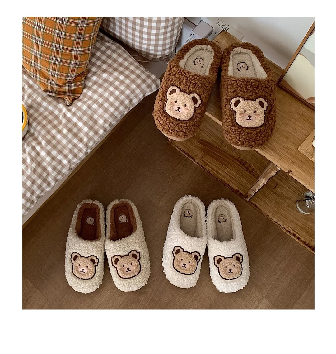 2022 Winter Women Slipper Lovely Bear Cartoon Plush Cotton Home Slippers Female Indoor Household Anti-Skid Thick Bottom Slipper