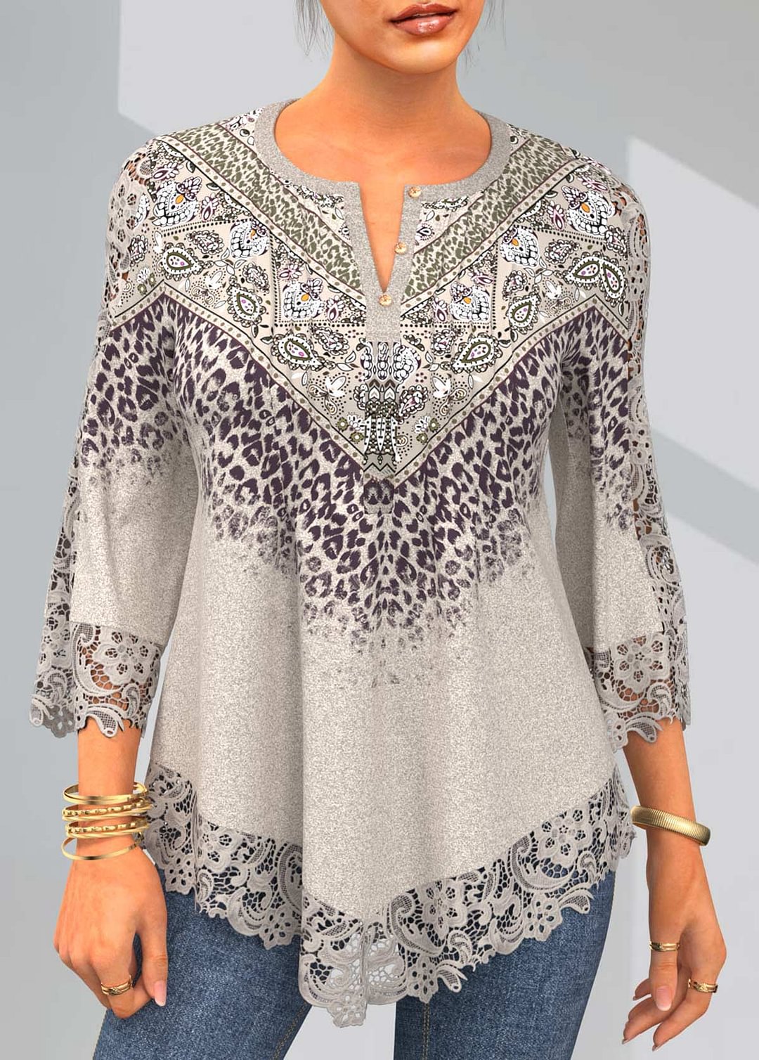 Split Neck Lace Stitching Leopard Light Khaki T Shirt
