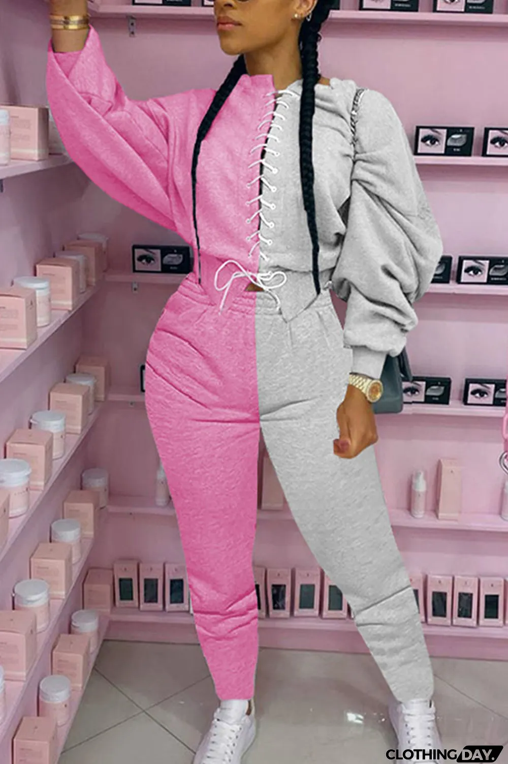 Grey Casual British Style Polyester Fiber Patchwork Solid Bandage Split Joint Pants Strap Design O Neck Long Sleeve Regular Sleeve Regular Two Pieces