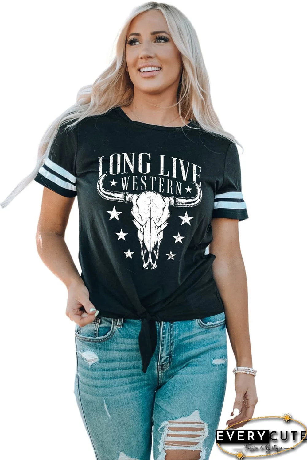 Black Long Live Western Graphic Print Striped Sleeve Tee