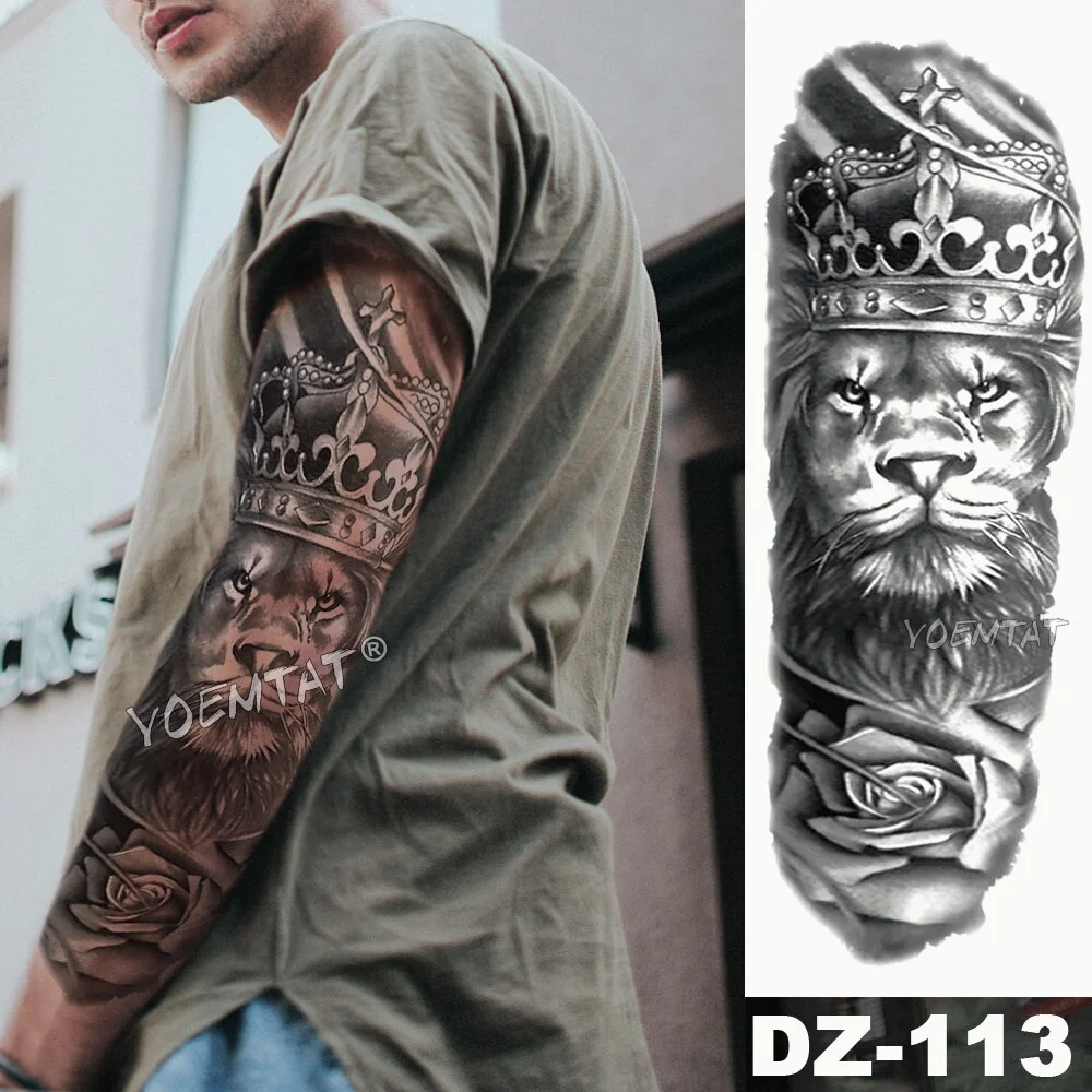 Sdrawing Arm Sleeve Tattoo Lion Crown King Rose Waterproof Temporary Tattoo Sticker Wild Wolf Tiger Men Full Skull Totem Tattoo