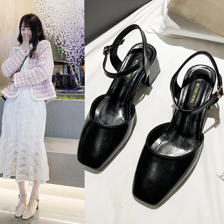 Wongn Wongn Summer New Fashion Simple One-Line Buckle Baotou Hollow Thick Heel Sandals High Heels Women