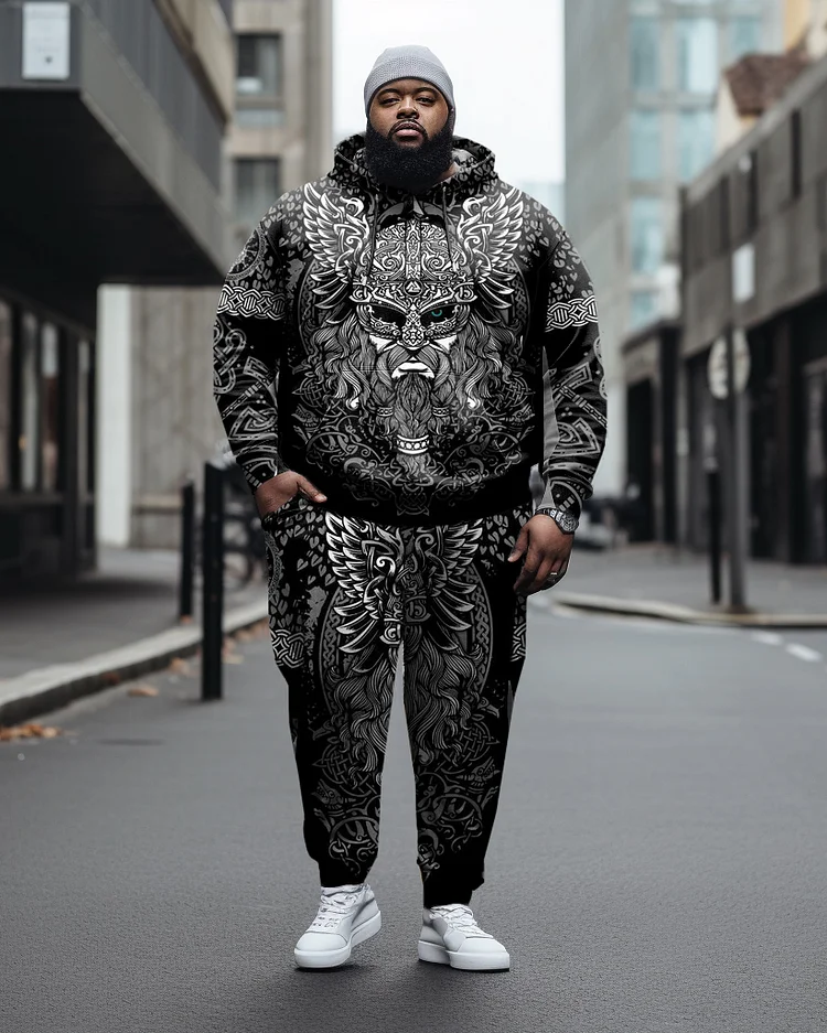 Men's Large Size Retro Elements Viking Long-Sleeved Hoodie Sweatpants Suit