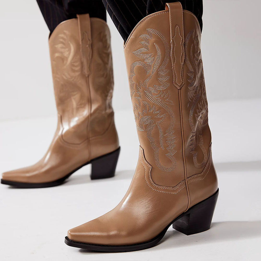 GOOSHOE Brown Embroidered Chunky Heel Mid-Calf Cowboy Boots