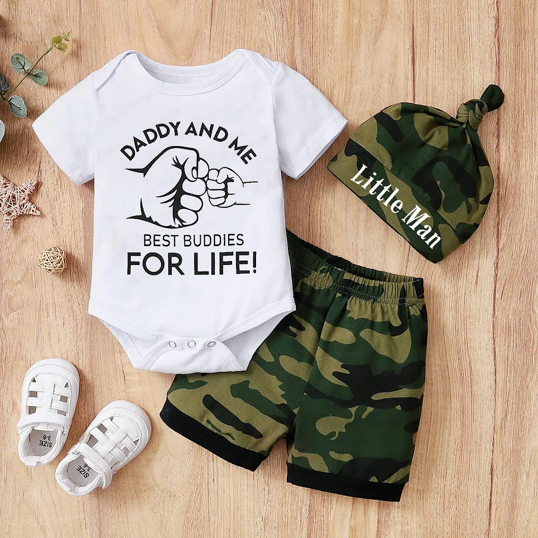 3PCS Daddy And Me Best Buddies For Life Camouflage Printed Baby Set