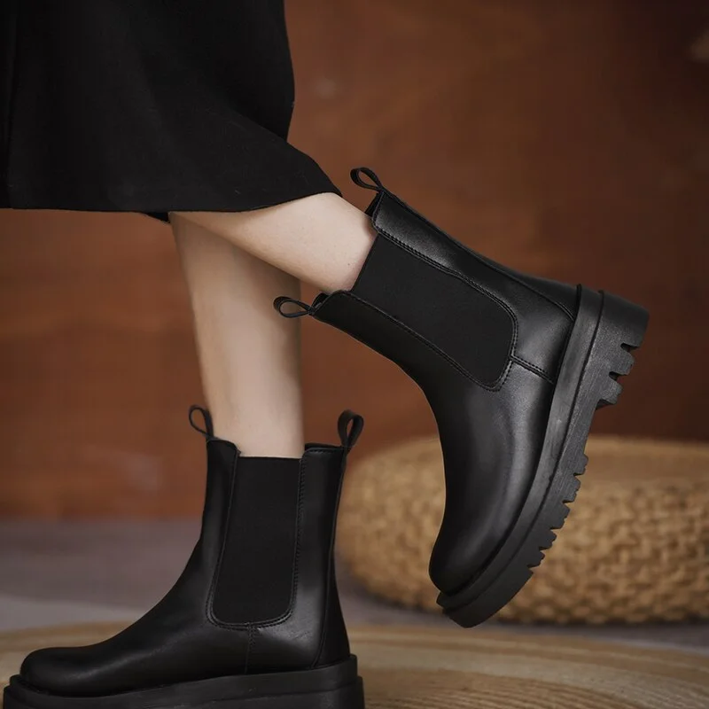 Lucyever Classic Black Chelsea Boots Women Autumn Slip-on Thick Bottom Platform Mid Calf Boots Woman Comfy Loose Med Heel Botas