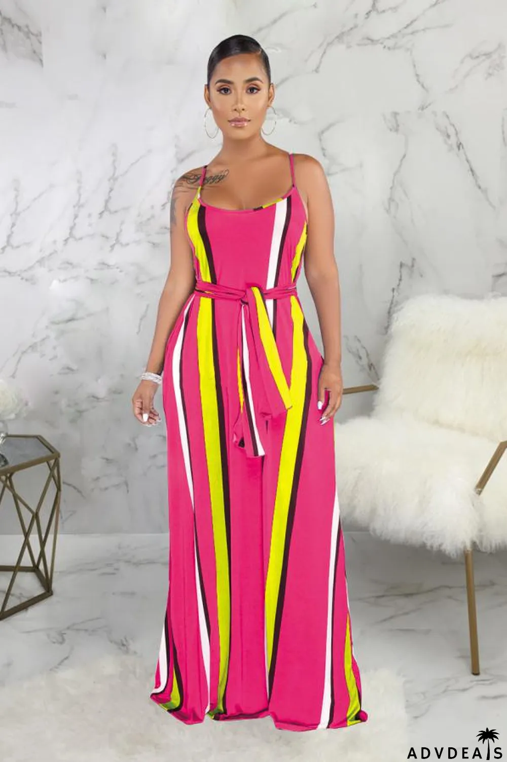 purple Polyester Fashion Sexy Spaghetti Strap Sleeveless Slip A-Line Floor-Length Print asymmetrical Stripe