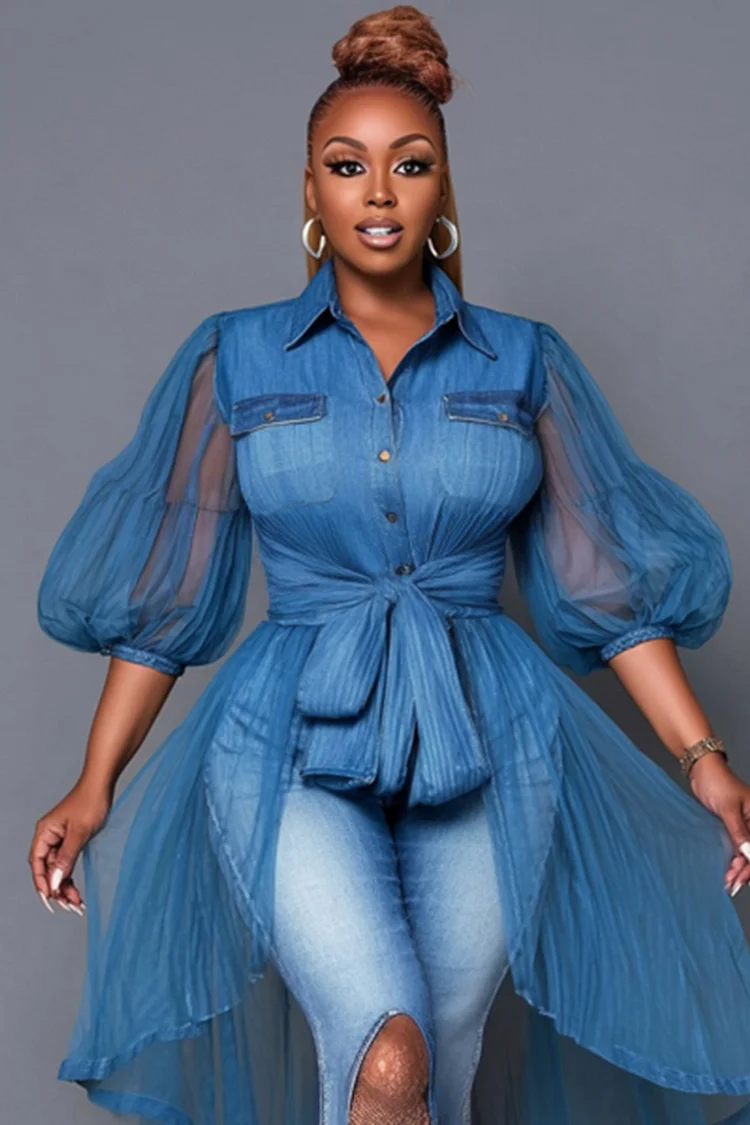 Xpluswear Design Plus Size Business Casual Blue Shirt Collar Puff Sleeve Half Sleeve Contrast Casual Wrap Tencel Denim Blouses [Pre-Order]
