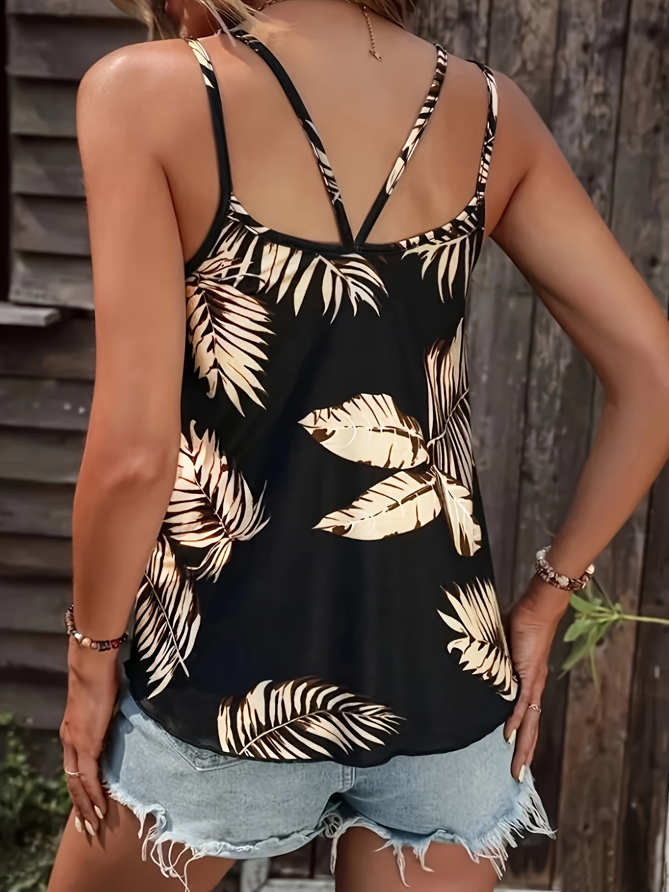 1pc Women's Casual Tropical Leaf Print Tank Top, Polyester Slingback Sleeveless With Crew Neck, Spring Knit Fabric Camisole | IFYHOME
