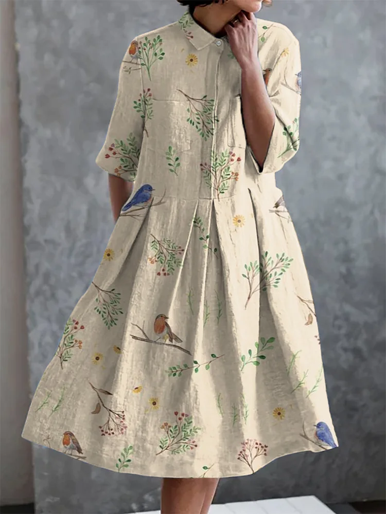 Vintage Branch and Robin Pocket Half Sleeve Dress