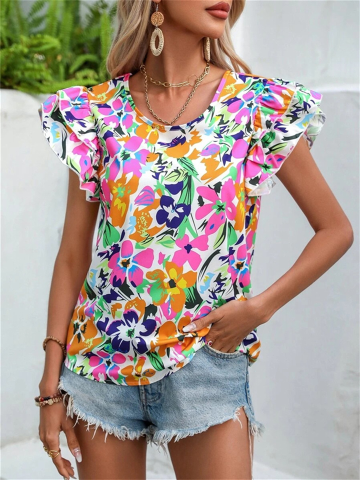 Women's Summer New Fashion Floral Print Double Fly Short-sleeved Shirt Top S M L XL 2XL