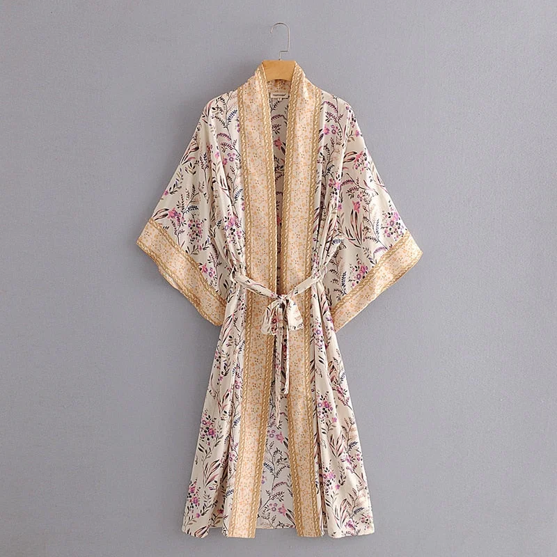 Fitshinling Print Floral Beach Kimono Swimwear With Sashes Cotton Slim Bohemian Holiday Long Cardigan Sexy Green Cover-Up Sale
