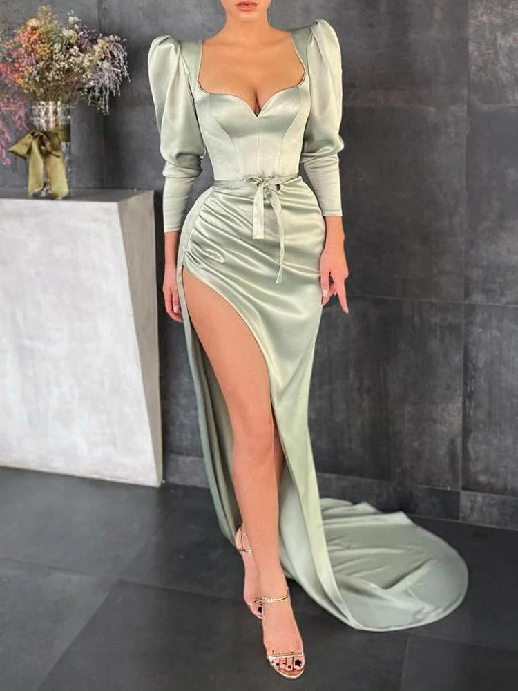 Green square neck women slim maxi gown-zachics