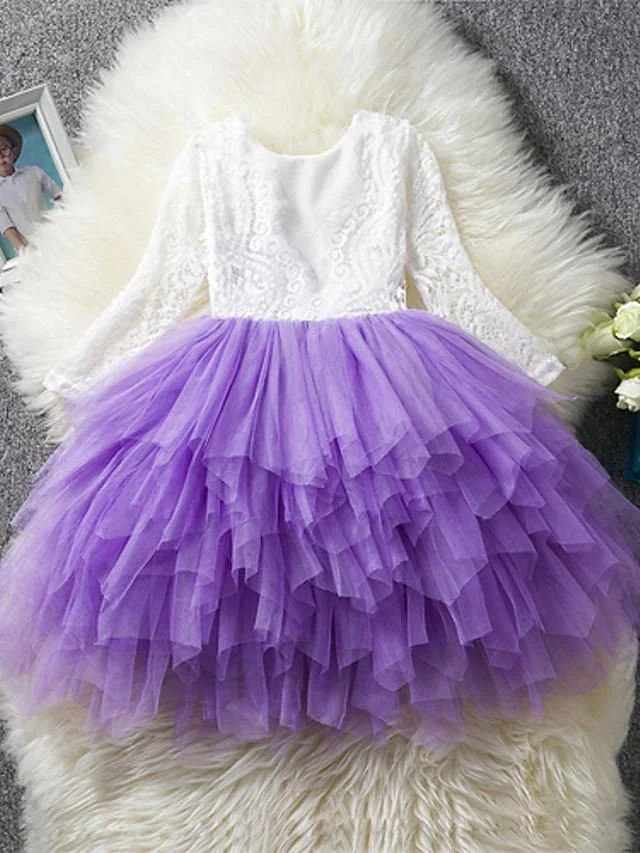 Kids Girls' Princess Party Daily Solid Colored Flower Lace Layered Long Sleeve Dress White / Cotton