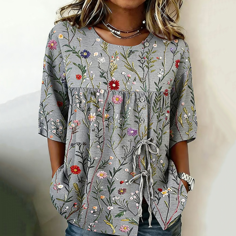 Comstylish Women's Retro Floral Print Button-up Collar Tie-waist Shirt