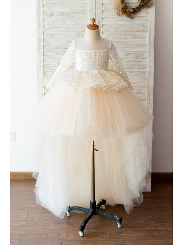 Oknass Ball Gown  Long Sleeve Jewel Neck  Flower Girl Dresses Tulle With Bow  Sequins