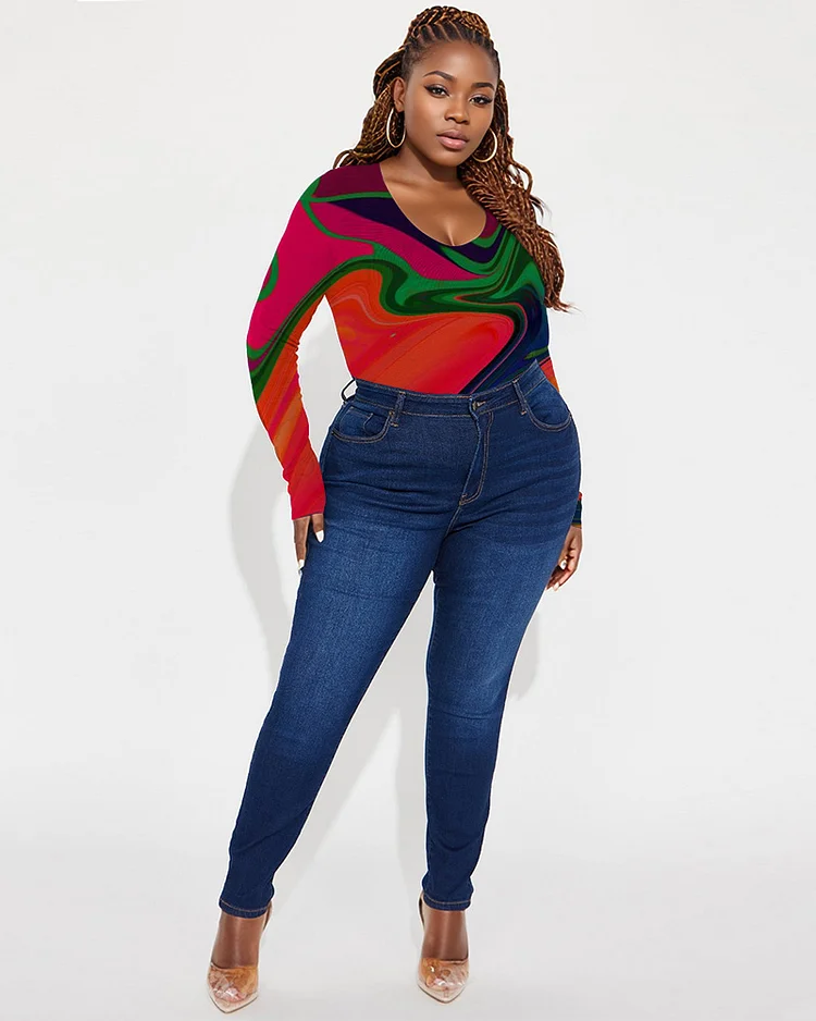 Women's Plus Size Colorful Prints Simple V-Neck Tight Long Sleeve T-Shirt