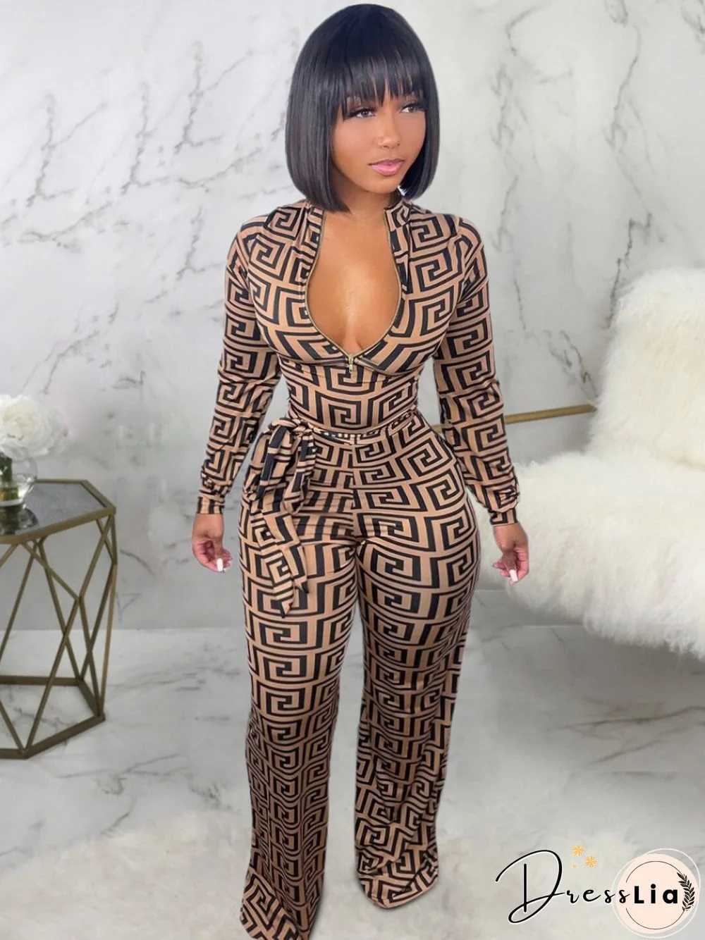 Zip Up Long Sleeve Sashes Wide Leg Jumpsuits