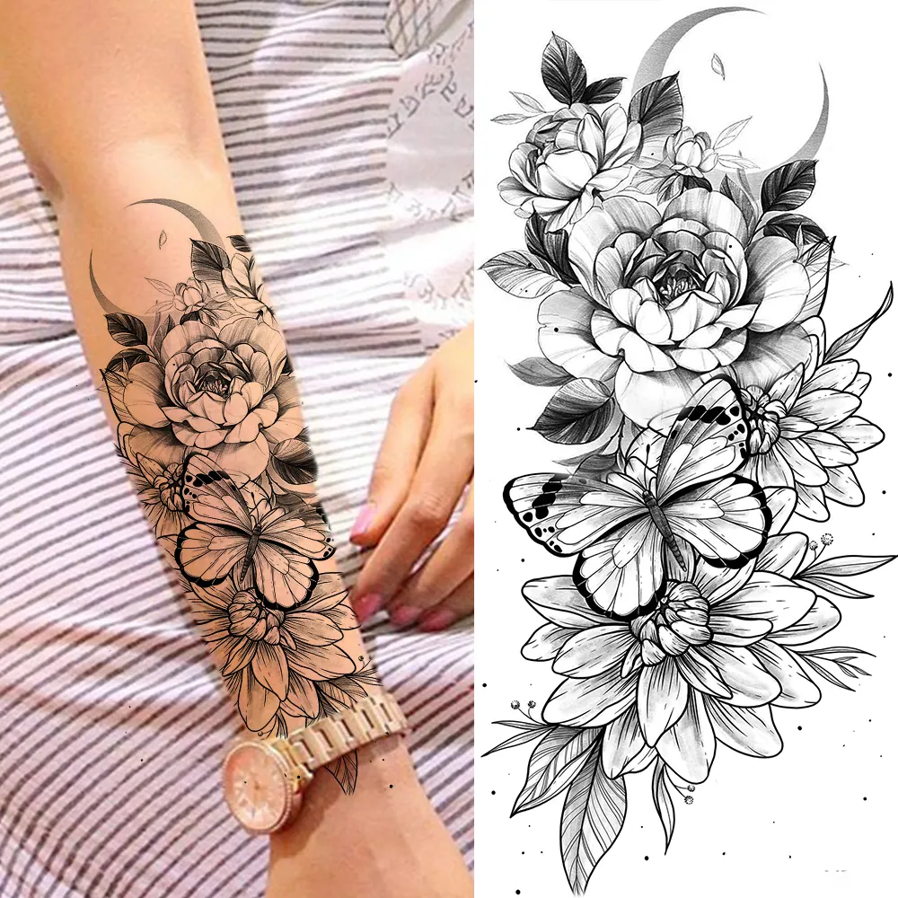 Sdrawing Sunflower Butterfly Temporary Tattoos For Women Adult Rose Flower Moon Fake Tattoo Arm Body Art Decoration Tatoo Paper