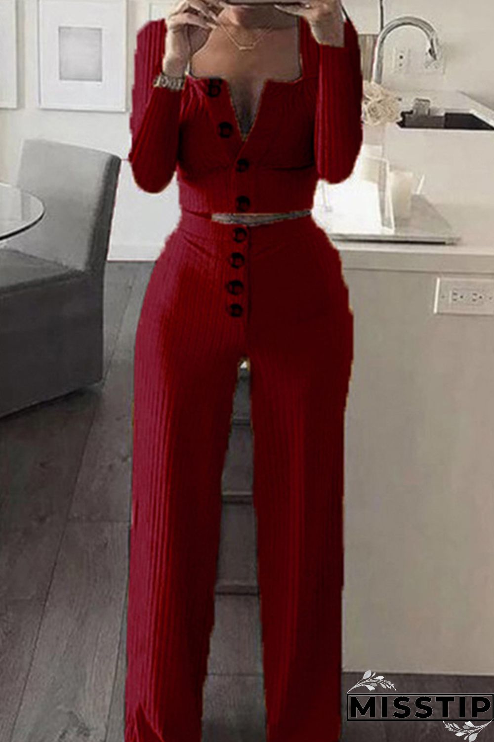 Burgundy Fashion Casual Solid Patchwork O Neck Long Sleeve Two Pieces