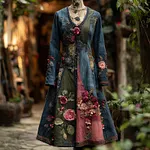 Women's Vintage Rose Floral Print Patchwork Denim Long Dress - Image 2