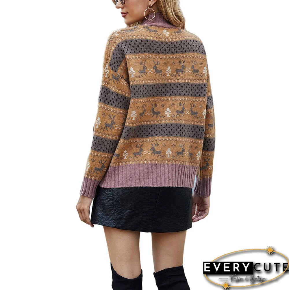 Yellow Christmas Reindeer Print Knit Pullover Sweater