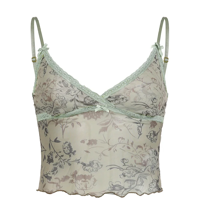 Ueong New Summer Women's Auricularia Auricula Slim And Color Retro Printed Lace Halter Vest