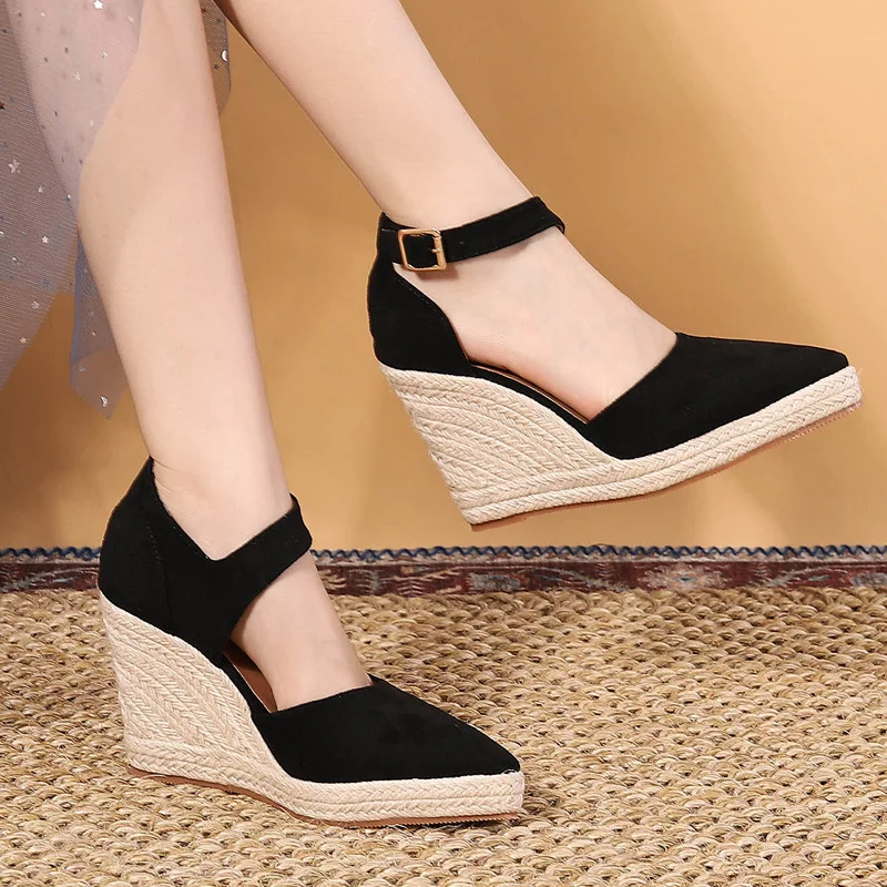 Wongn Wongn Pointed Slope Heel Single Shoes Thick Platform High Heel Hollow Women's Shoes Straw Hemp Rope Bottom Women's Shoes