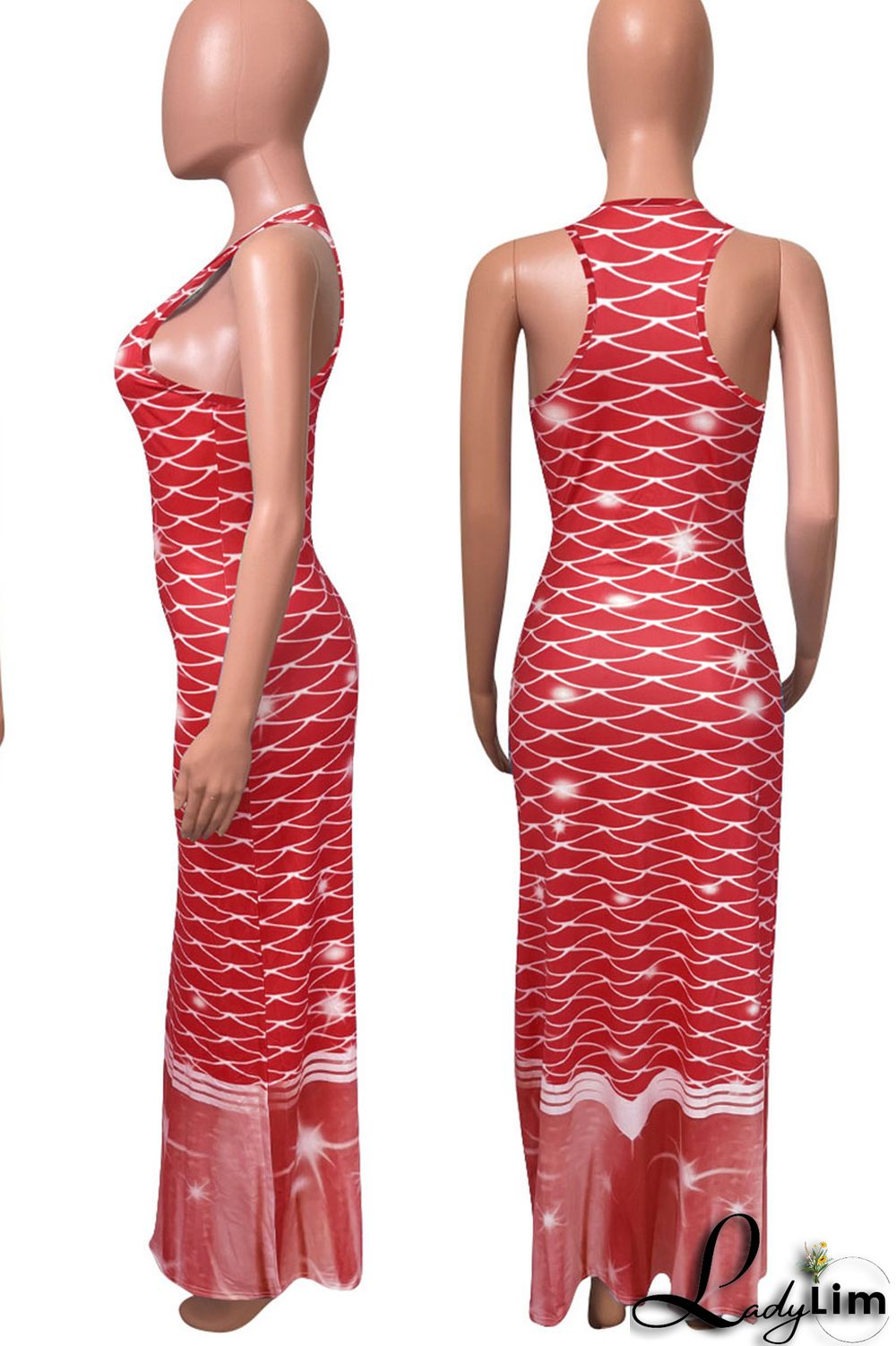 Tangerine Red Casual Print Split Joint U Neck Vest Dress Dresses