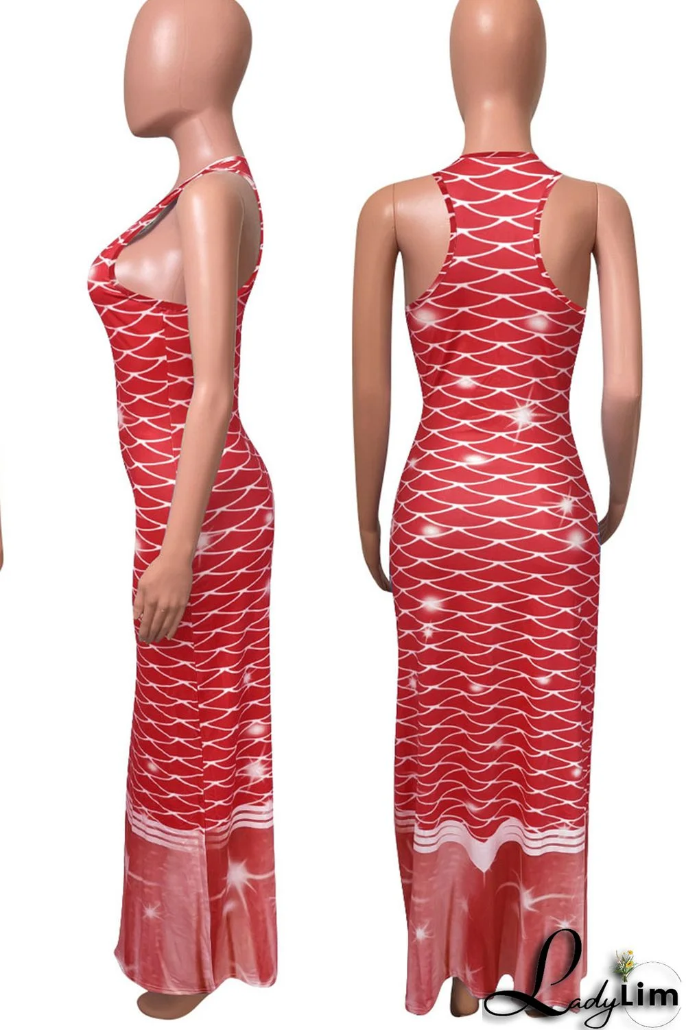 Tangerine Red Casual Print Split Joint U Neck Vest Dress Dresses