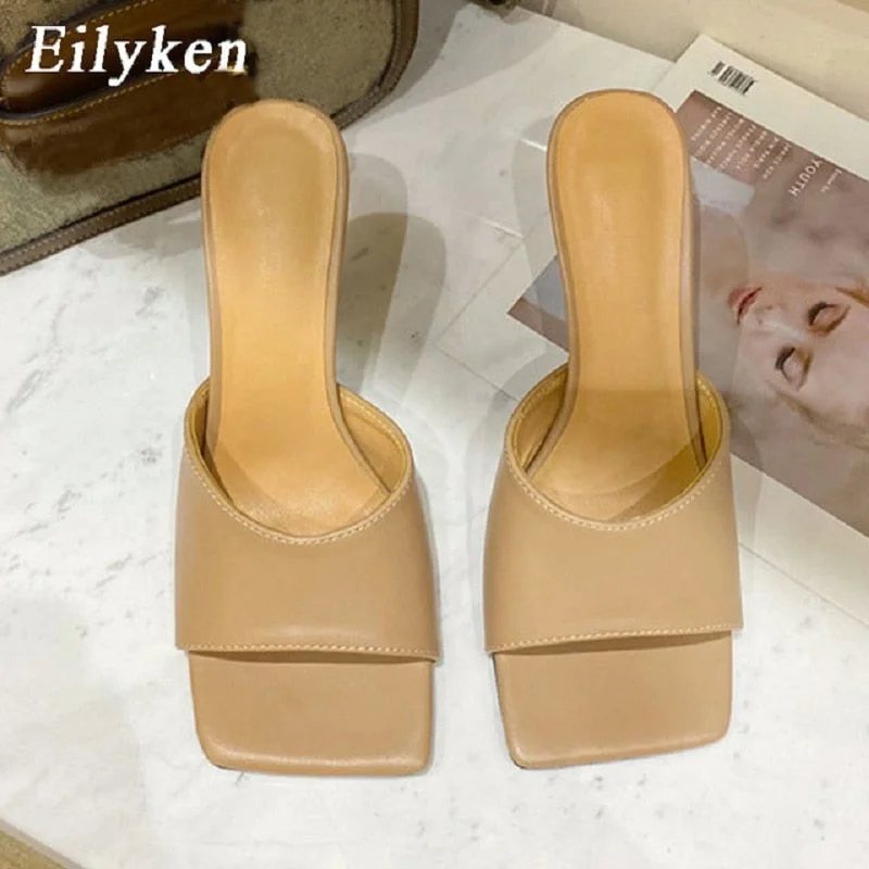 Eilyken 2021 Heels Fashion Soft Cozy PU Leather Peep Toe Shoe Womens Slippers Outdoor Designer Sandals Mule Femme Slides
