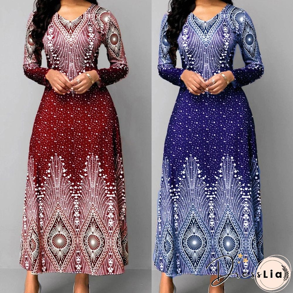 V-neck Retro Print Long-sleeved Dress Spring and Autumn Women's Clothing