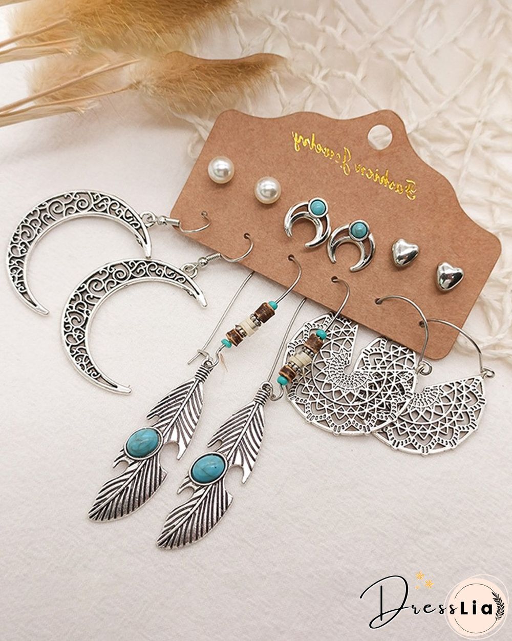 6Pairs Moon & Feather & Beaded Vintage Earrings Set