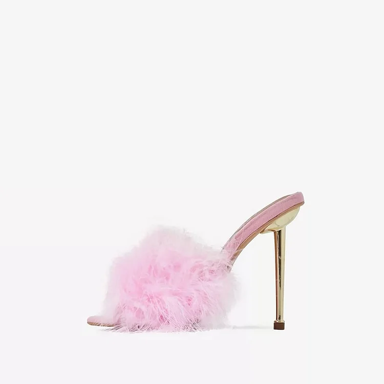 Pink Suede Mule Heels With Fur |FSJ Shoes