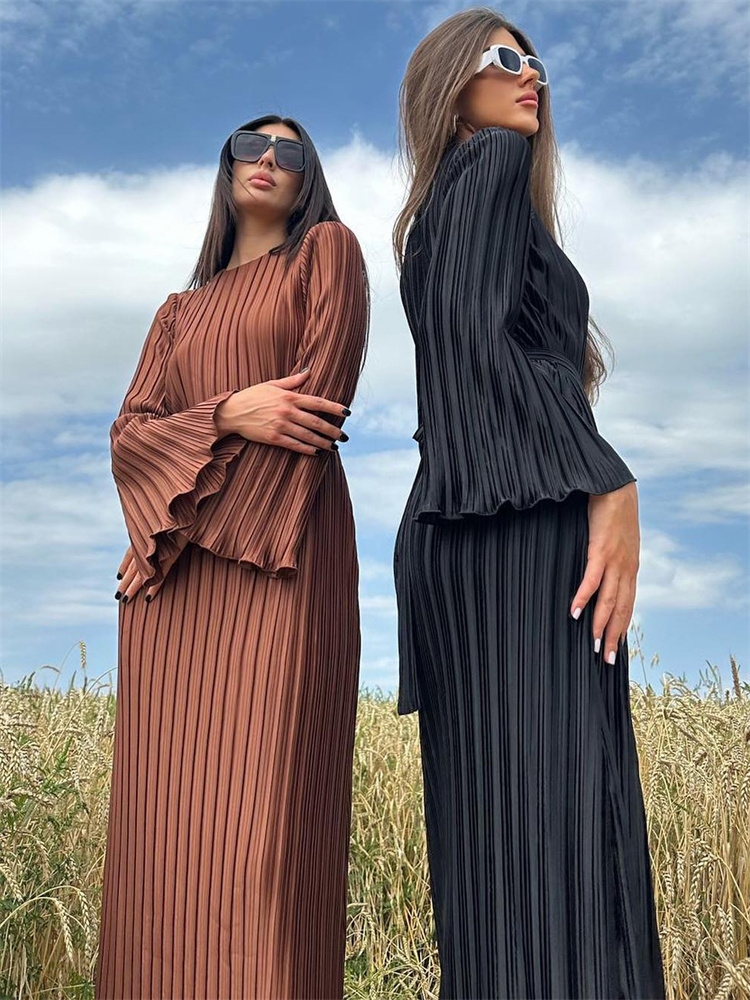 Ootddress Ruffled Lace-Up Ribbed Maxi Dress For Women Long Sleeve Fashion High Waist Elegant Party Dress Autumn Bandage Ladies Dress