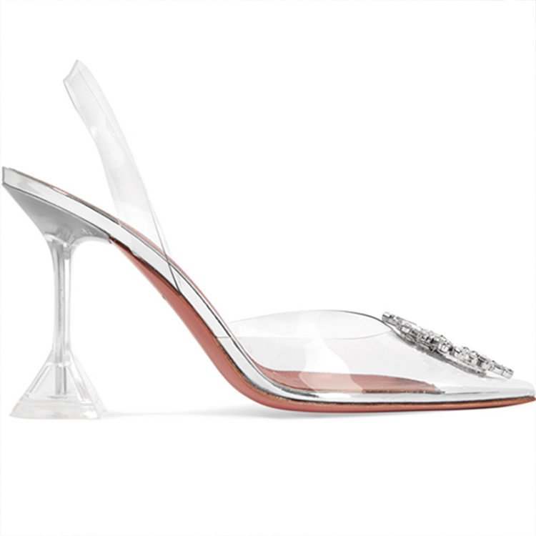 Women's Pointed Transparent Sandals Words With Thin Heels, Rhinestones And Sexy Baotou High Heels