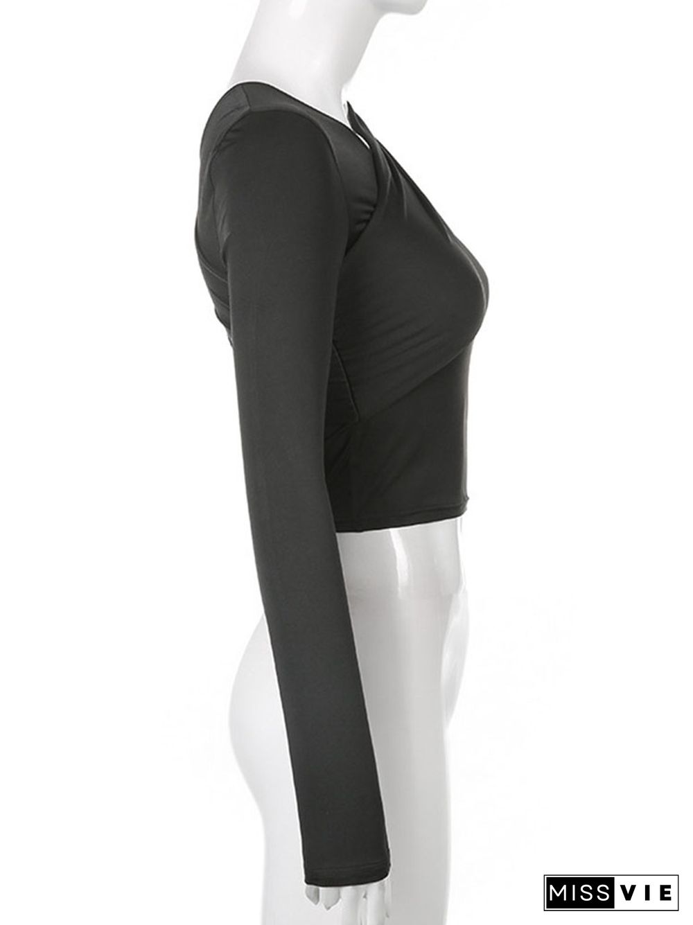 Asymmetrical V Neck One-shoulder Soild Women's T-shirts Slim Female Streetwear Crop Tops Autumn All-match Vinatge Tees